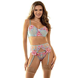 Subblime Flower Embroidered Bra And Garter Belt Set (Blue/Pink), lace lingerie garter set