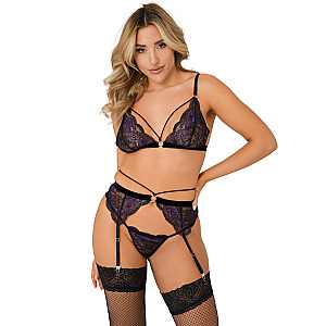Daring Intimates 3PC Lace Bra, Panty & Garter Set (Purple), lace 3-piece set S/M