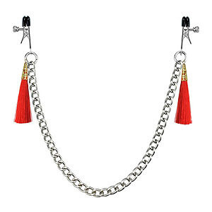 LoveToy Tassel Nipple Clamp with Chain Red, červené skřipce na bradavky 14 cm