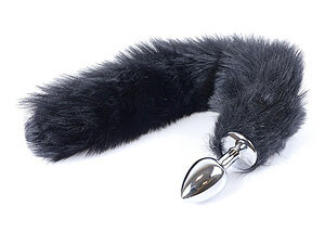 Black fluffy fox tail with a metal anal plug 45 cm