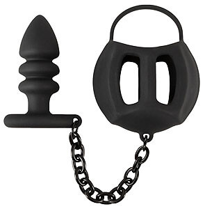 Black Velvets Balls Cage + Butt Plug (Black), testicle sleeve anal lock